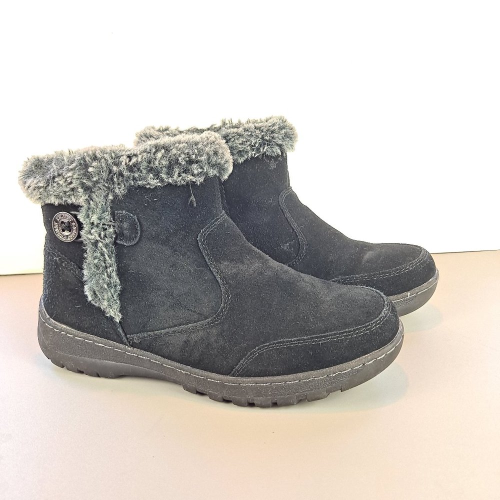 Khombu Black Suede Side Zip Short Boots with Faux Fur Trim Size 7